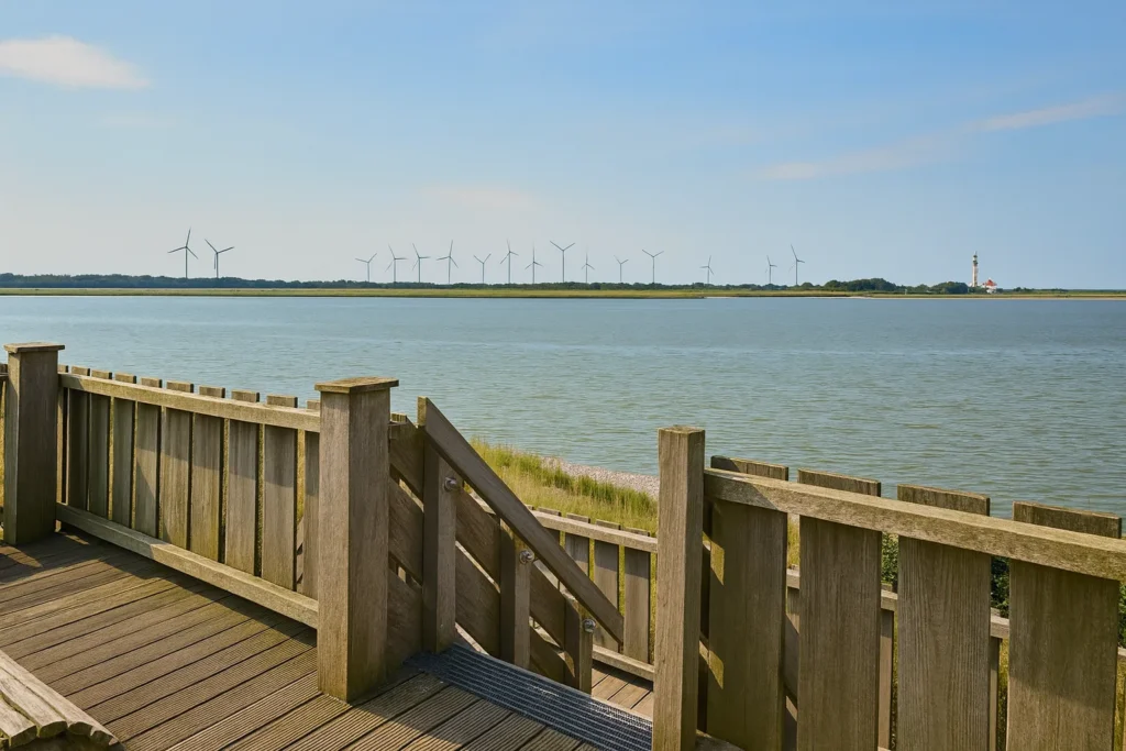 Aussichtsplattform mit Sitzbank am Meer auf Fehmarn