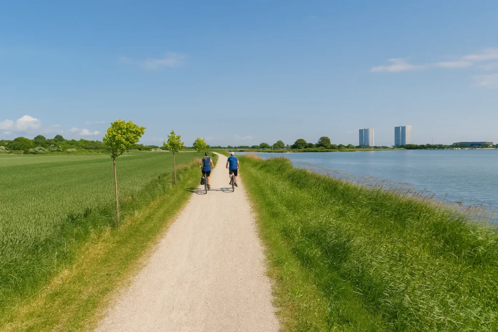 Radfahrer auf Deichweg am Wasser bei Burg auf Fehmarn