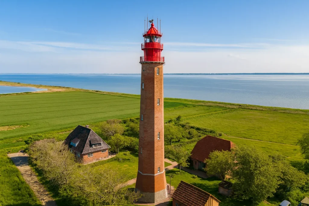 Leuchtturm Flügge auf Fehmarn mit Blick aufs Meer