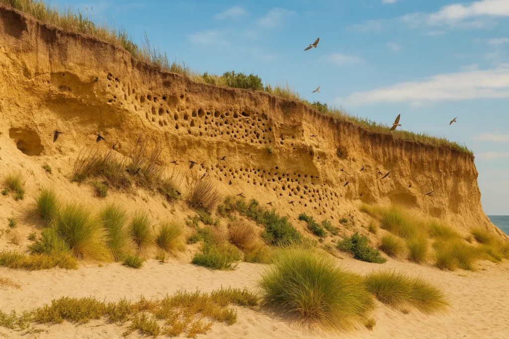 Steilküste bei Wulfen auf Fehmarn mit Uferschwalbenlöchern im Sand