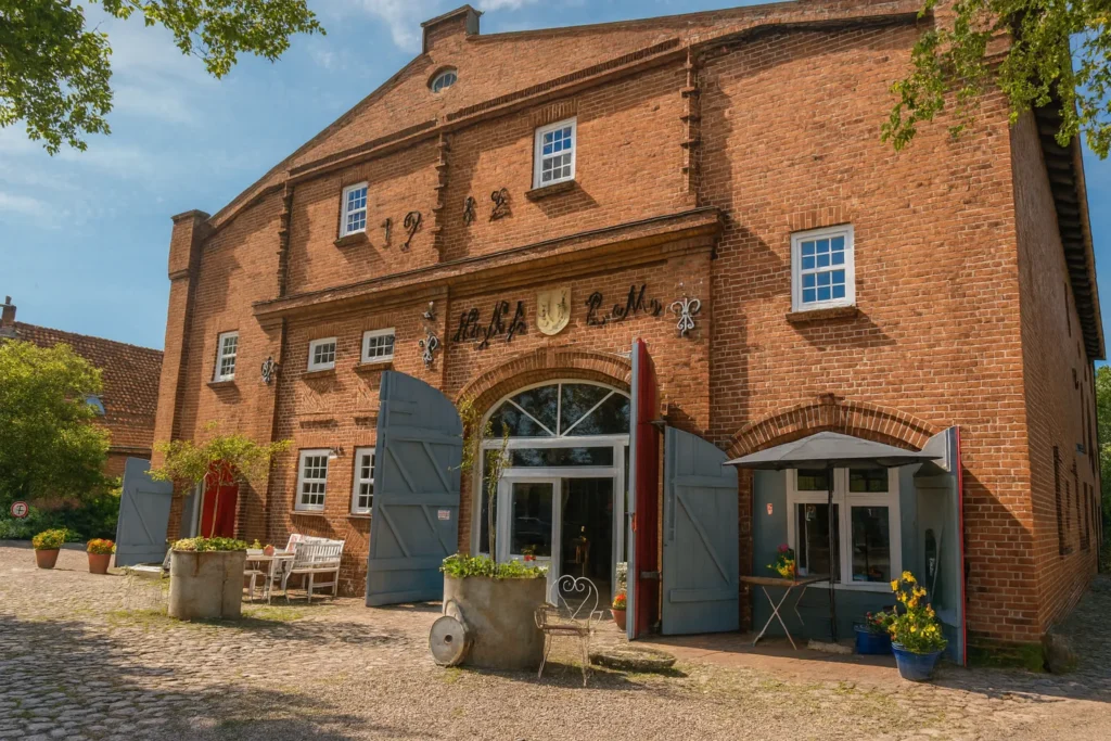Gemütliches Hofcafé auf Fehmarn mit Backsteinfassade und Terrasse