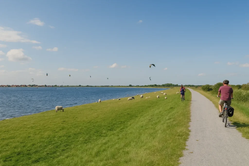 Radfahrer am Deich mit Blick auf die Ostsee auf Fehmarn