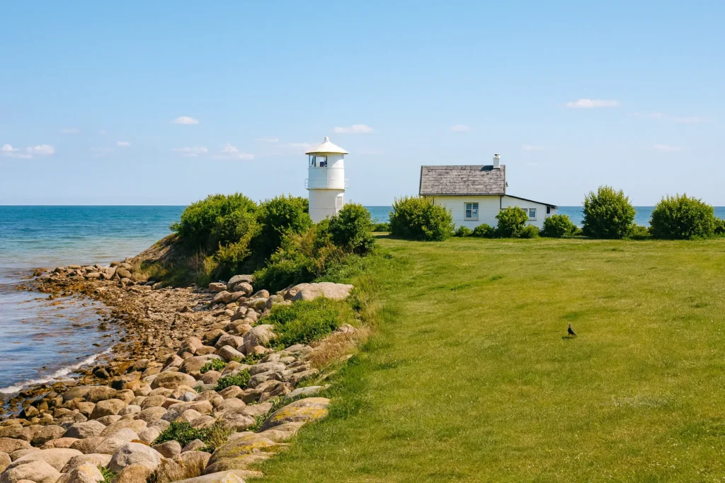 Leuchtturm Strukkamphuk auf Fehmarn an der Küste mit Felsen
