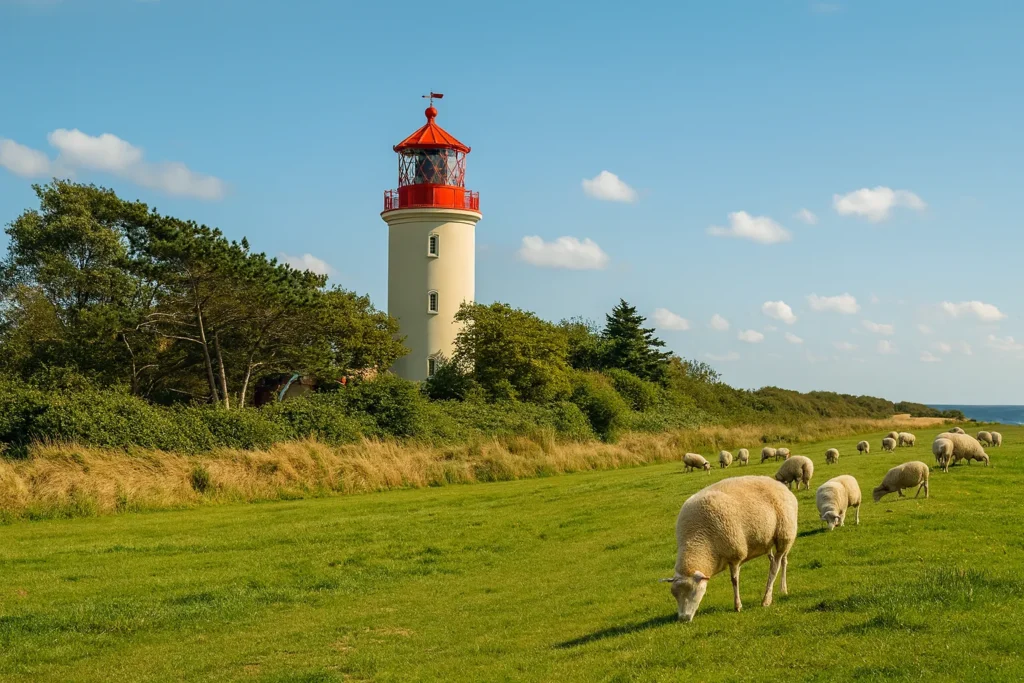 Leuchtturm auf Fehmarn mit Schafen auf einer Wiese