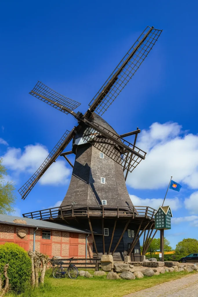 Historische Windmühle im Mühlenmuseum Lemkenhafen auf Fehmarn