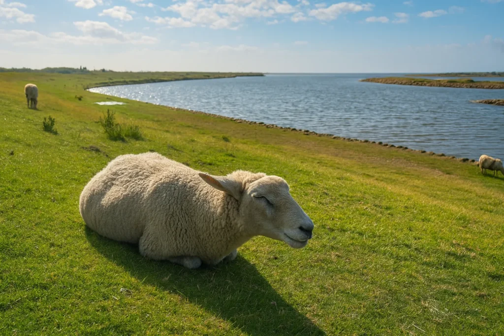 Schaf auf Wiese an der Küste von Fehmarn
