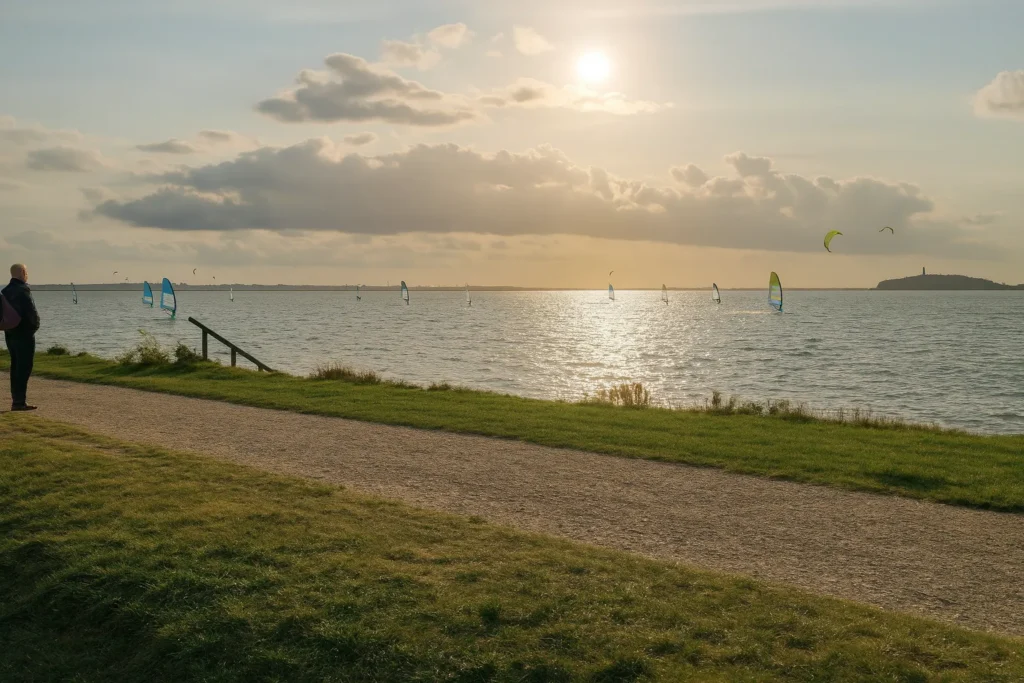 Sonnenuntergang über dem Hafen von Orth auf Fehmarn mit Segelbooten