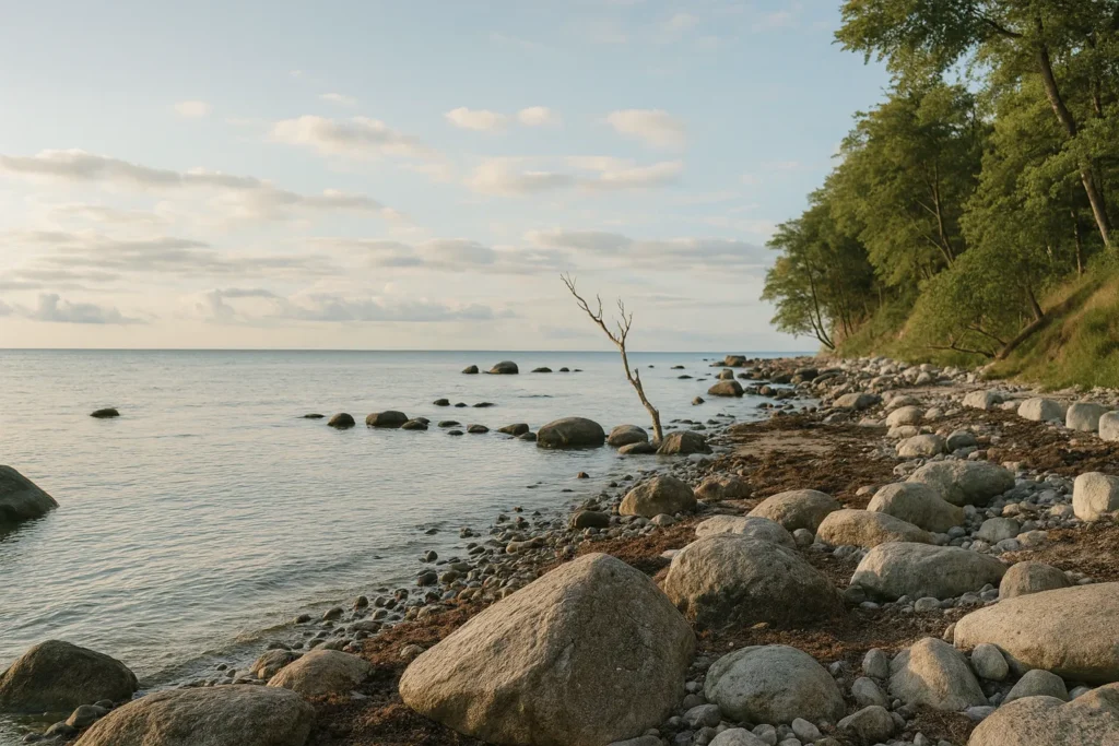 Ruhiger Naturstrand mit Steinen und Bäumen auf Fehmarn