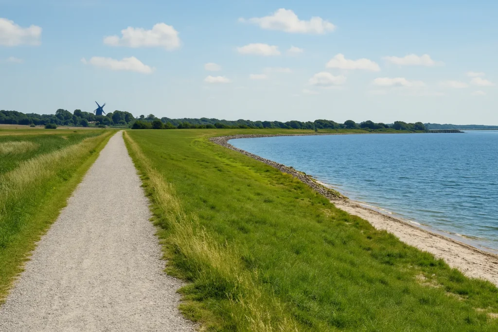 Schafe auf dem Deichweg an der Orther Bucht auf Fehmarn