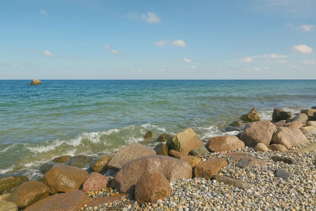 Kiesstrand und klares Wasser am Strand Westermarkelsdorf auf Fehmarn