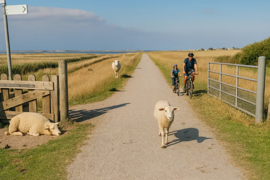 Radfahrer auf einem Feldweg durch die Landschaft auf Fehmarn