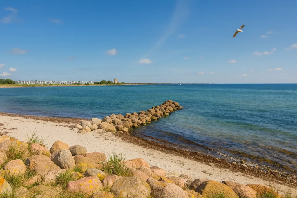 Aussicht auf Meer mit Kitesurfern am Wulfener Hals auf Fehmarn