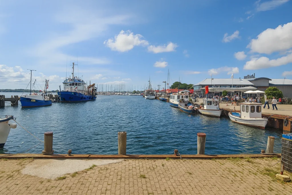 Boote und Promenade im Hafen Burgstaaken auf Fehmarn