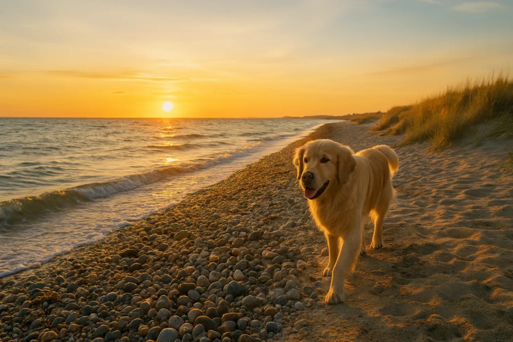Hund am Strand von Bojendorf bei Sonnenuntergang auf Fehmarn