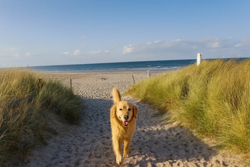 Hund läuft am Strand Grüner Brink auf Fehmarn