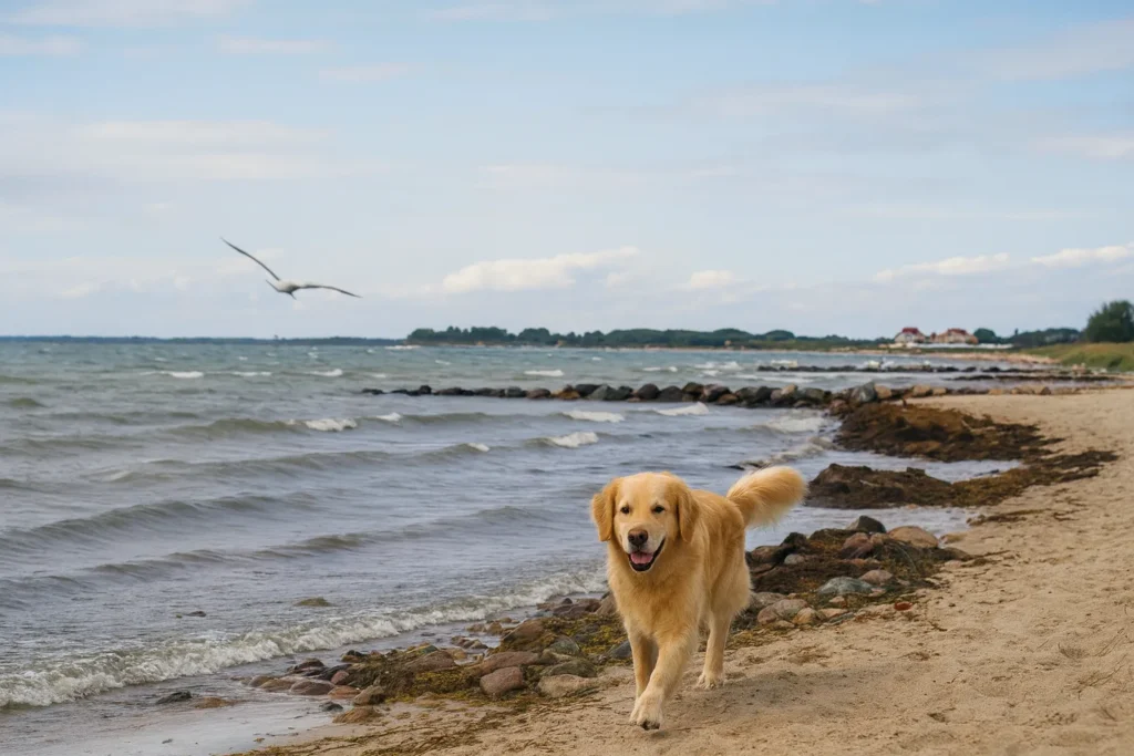 Hund spielt am Strand von Meeschendorf auf Fehmarn