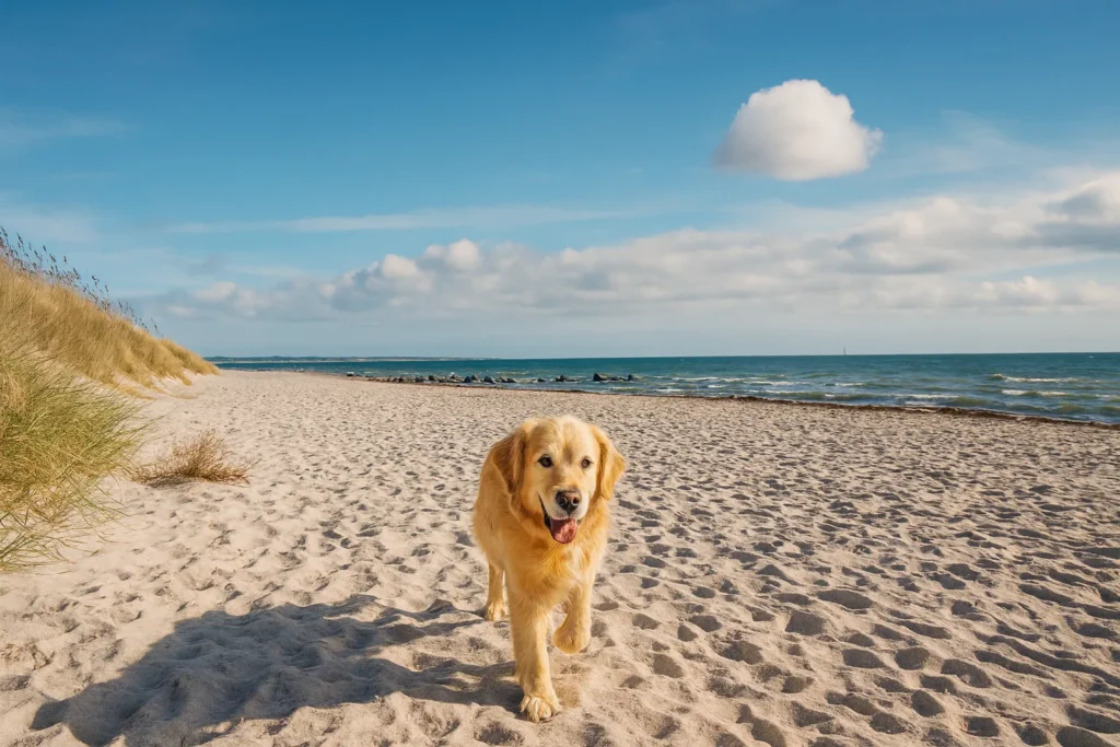 Hund am Südstrand von Fehmarn mit türkisblauem Meer