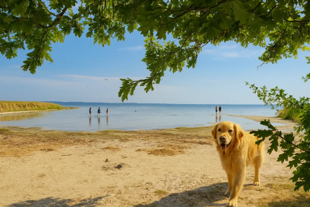 Hund läuft am Strand bei Klausdorf auf Fehmarn