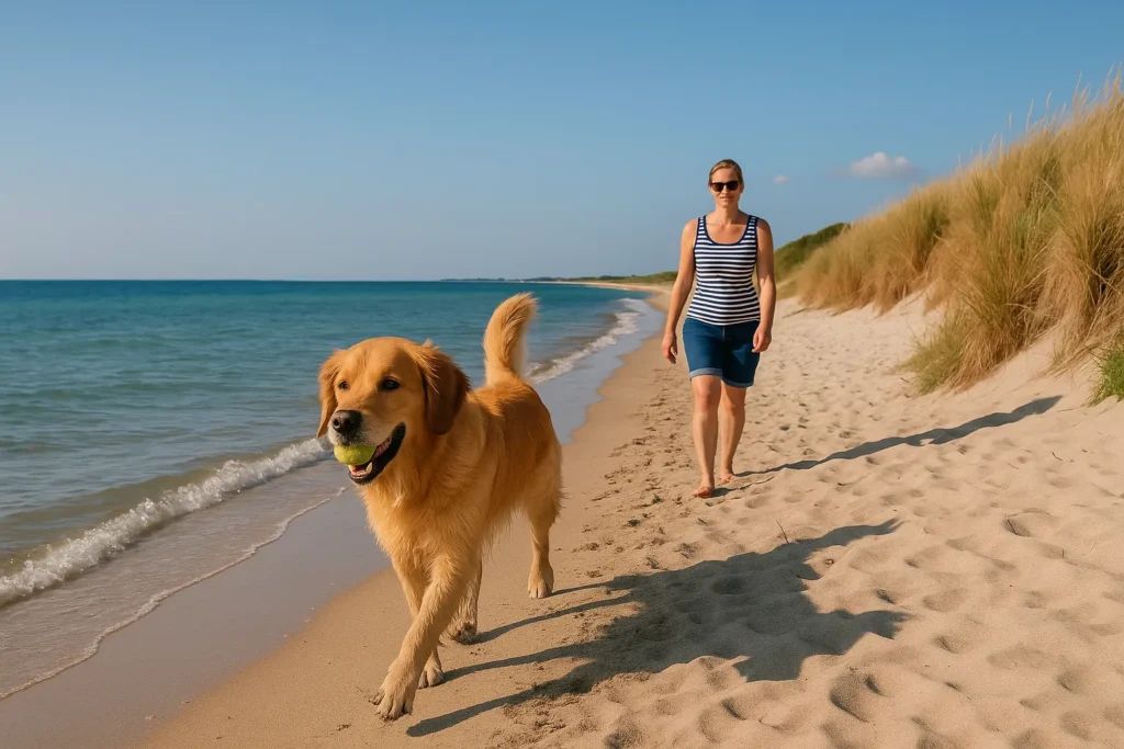 Hund läuft am Strand auf Fehmarn entlang
