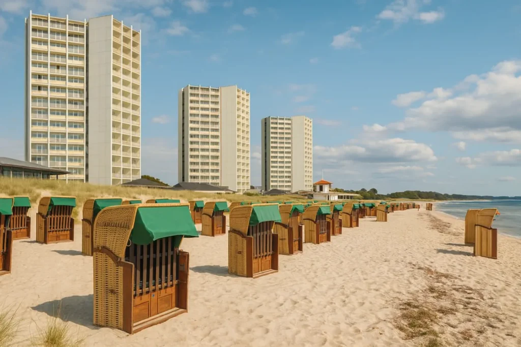 Strandkörbe am Südstrand von Fehmarn mit Hochhäusern im Hintergrund