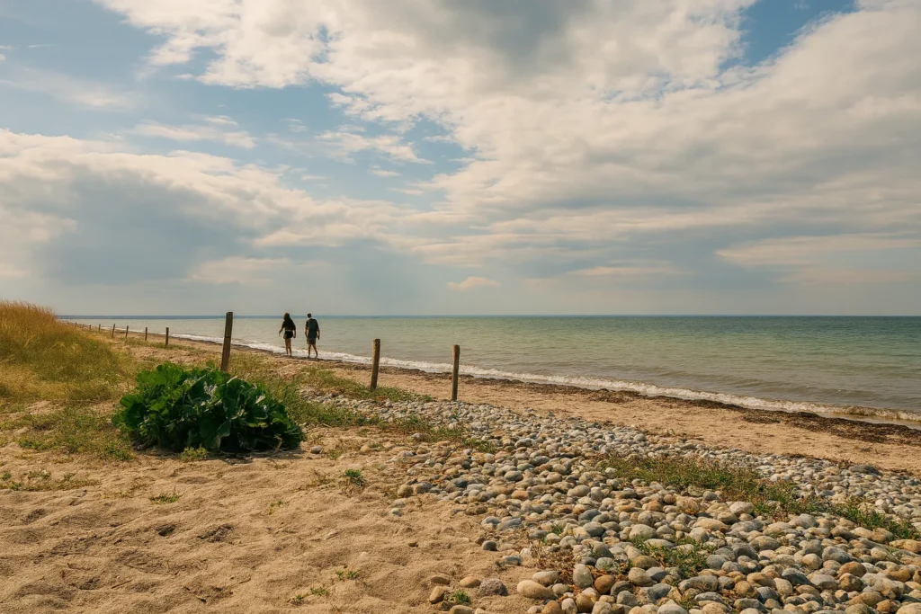 Spaziergänger am Püttsee Strand auf Fehmarn bei ruhigem Wetter