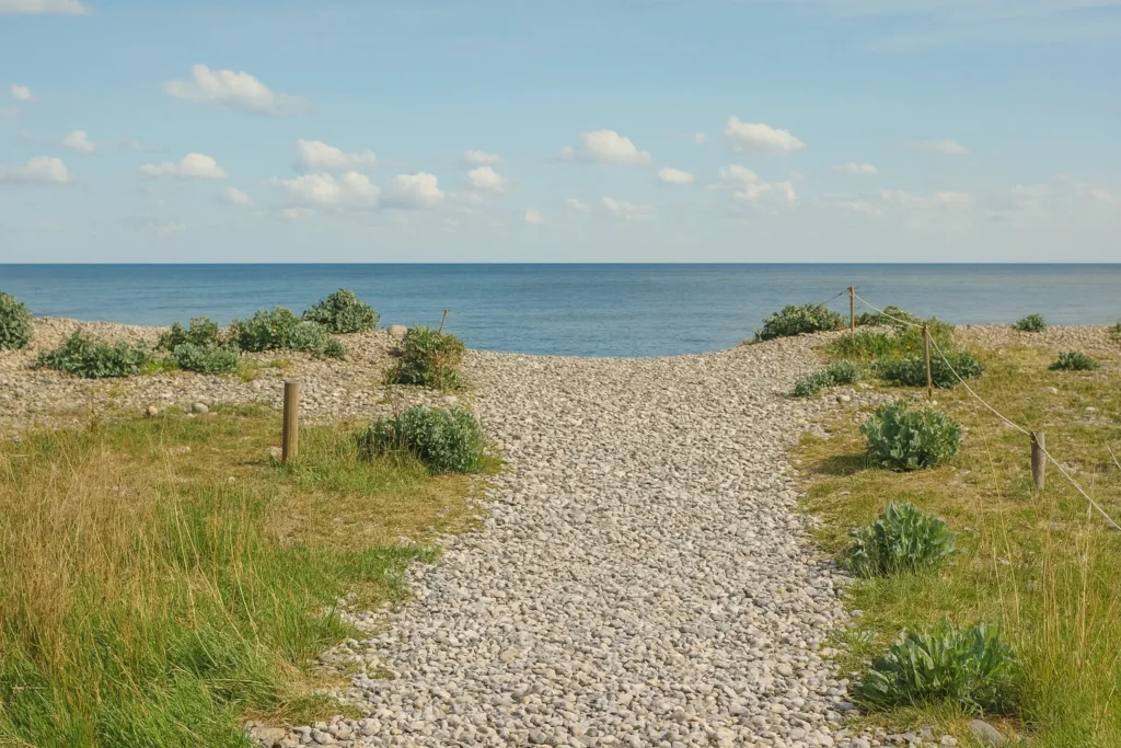 Naturstrand Wallnau auf Fehmarn mit kleinem Kiesweg und Büschen
