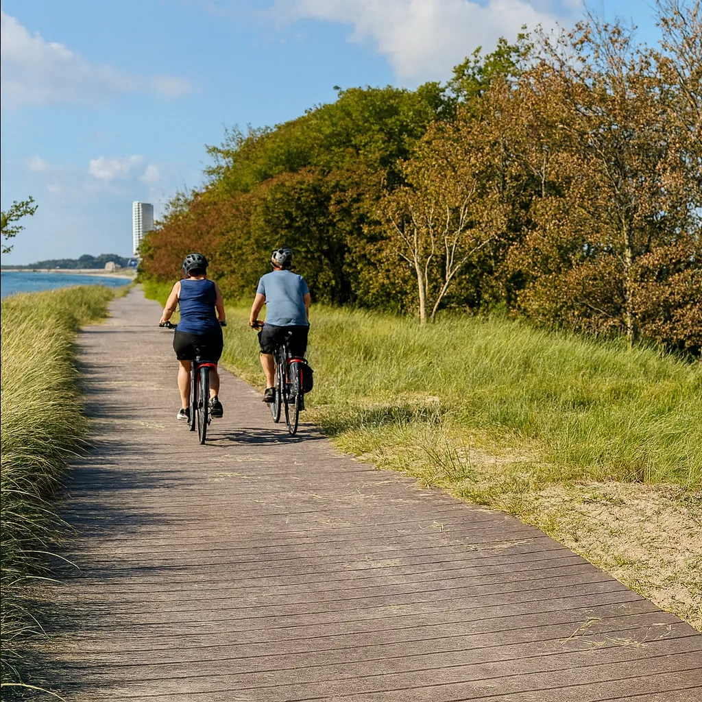 Radfahrer auf Landstraße mit grünen Feldern auf Fehmarn